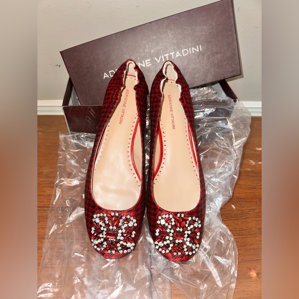Adrienne Vittadini Red Checkered Flats with Embellishments